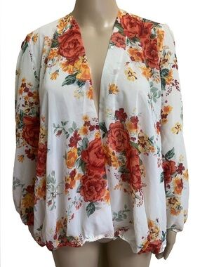 Ups & Downs Red Yellow Green Floral Open Back V-Neck Tie Blouse Plus Sz 1X